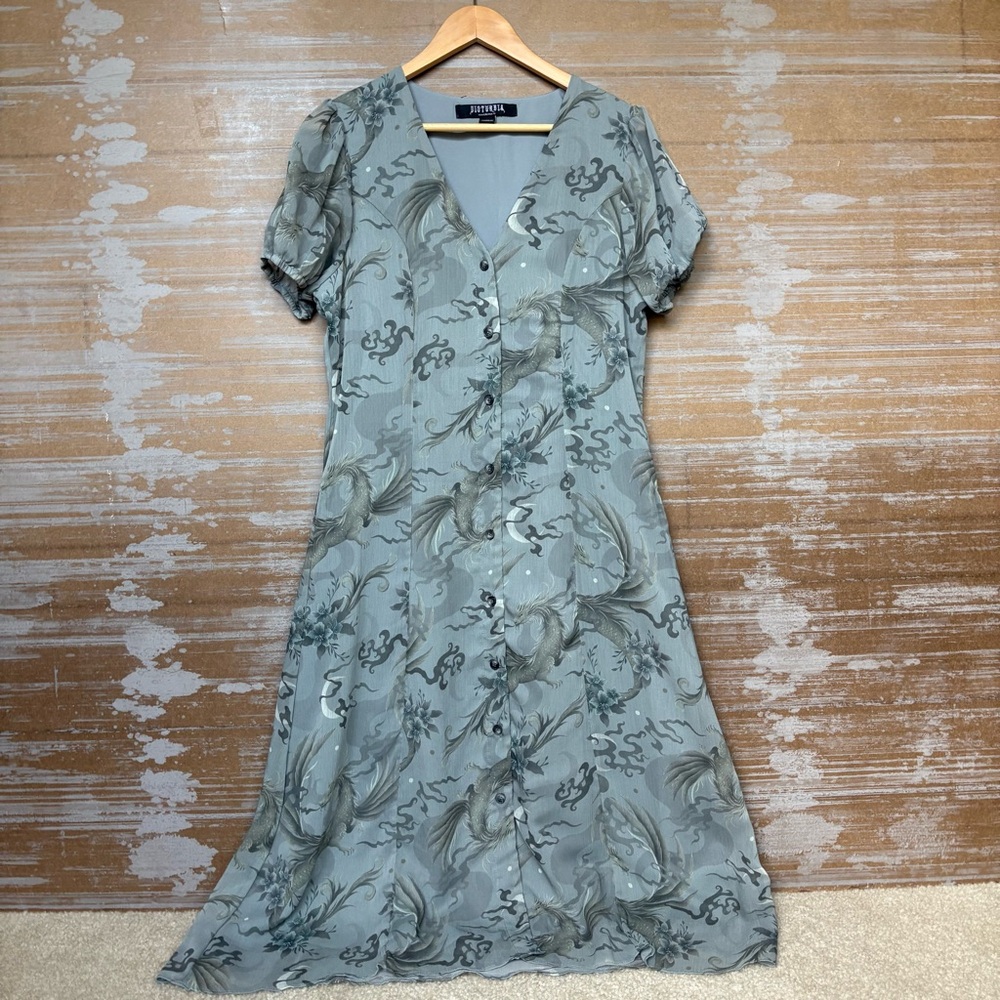Disturbia Sapphira Dragon Print Button Up Midi Dress Whimsy Goth Womens 10 - Picture 2 of 6
